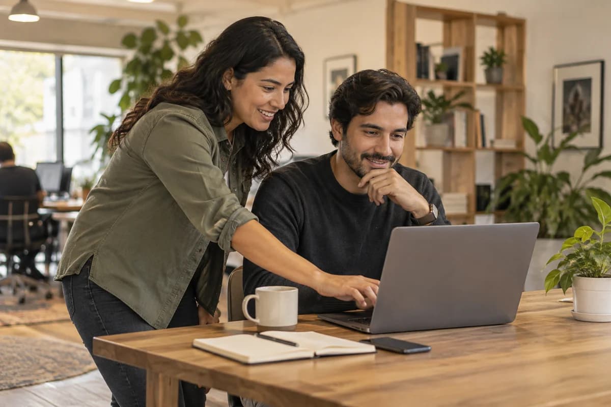 Dos developers colaboran en un producto en una oficina luminosa.